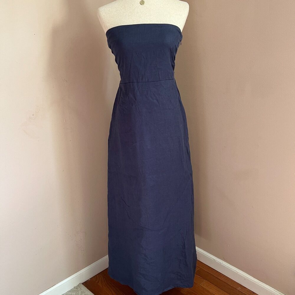 Faithfull The Brand Das Flores Navy Linen Strapless Maxi Dress Euro Summer Sz S
